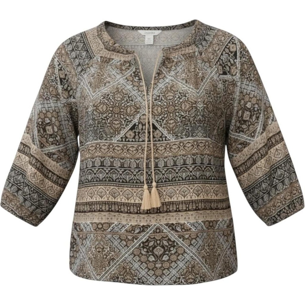 St Johns Bay Woman 2X Peasant Top Brown Paisley Tassel Tie 3/4 Sleeve Blouse